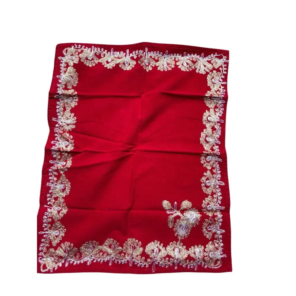 Set of 6 Red Vintage Napkins Heavily Embroidered Boho Elwgant Festive Romantic